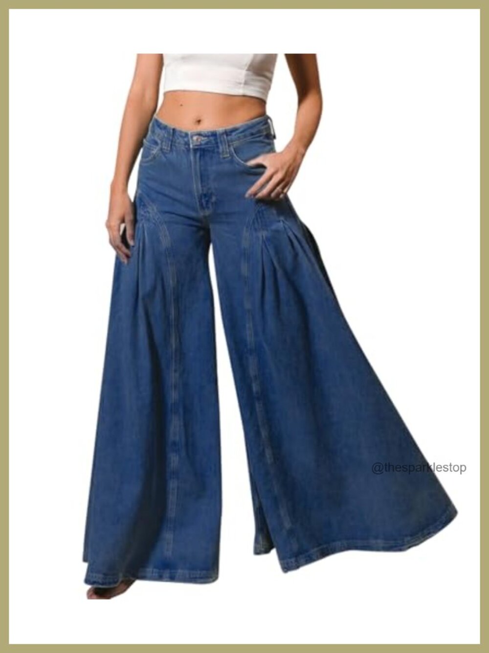 High Rise Flared Bell Bottom Jeans Stretch Denim Pleated Vintage